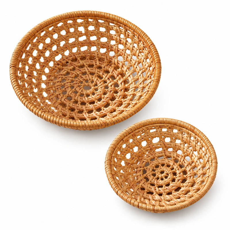 Two round rattan serving baskets on a white background Two round rattan serving baskets on a white background