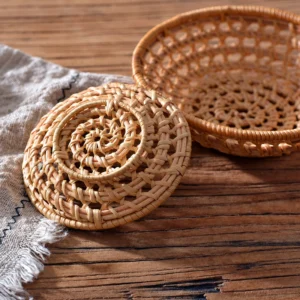Handwoven rattan basket underside and openwork rim detail