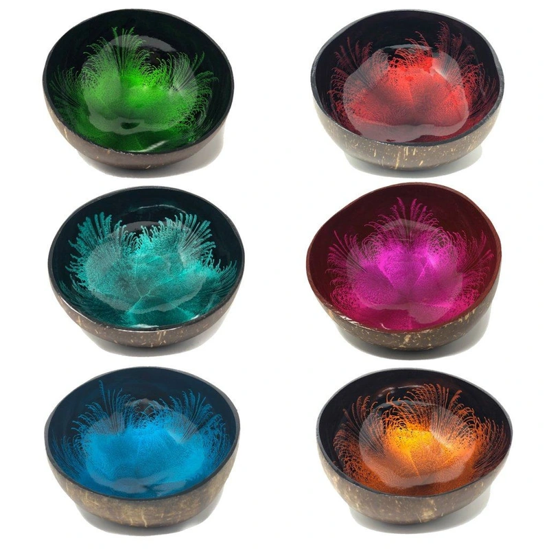 Green Feather Effect Lacquer Coconut Bowl 3 Green Feather Effect Lacquer Coconut Bowl product family reference photograph
