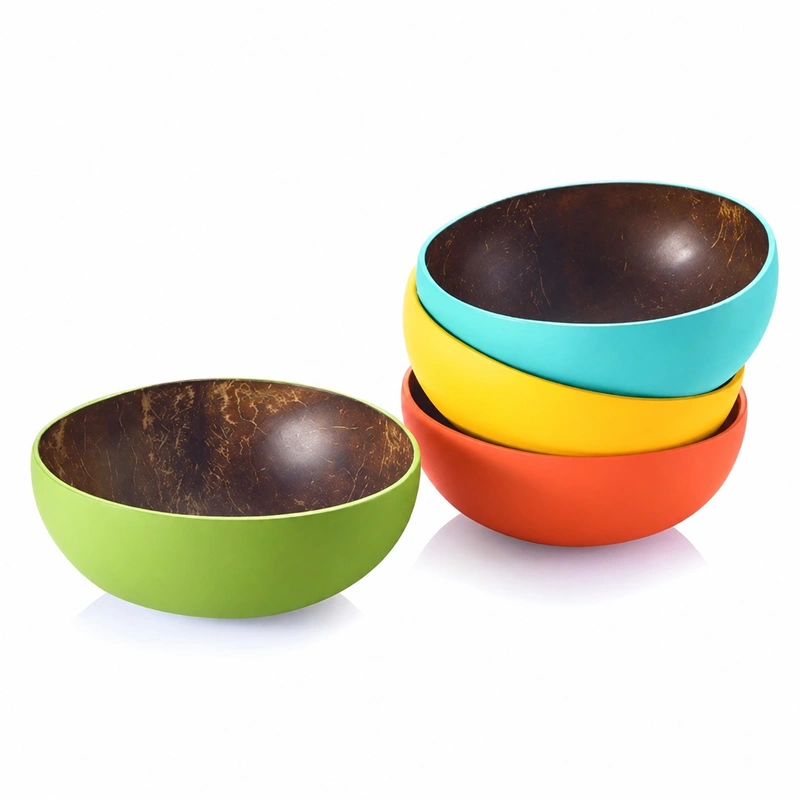 A separate view of solid-colour bowls and their natural brown interiors; confirm your selected assortment.