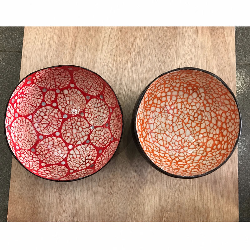 red mosaic eggshell coconut bowl Red panel-mosaic bowl beside a different orange crackle bowl; confirm the selected pattern.