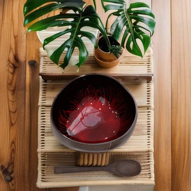Red Feather Effect Coconut Bowl reference photograph. Red feather-effect lacquer coconut bowl reference. Handmade shell outlines and pattern placement vary; spoon, tray and plants are styling props.