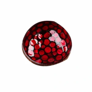 Red Pearl Inlay Coconut Bowl reference photograph. Red circular mother-of-pearl coconut bowl reference; natural shell outline, circle placement and glossy reflections vary.