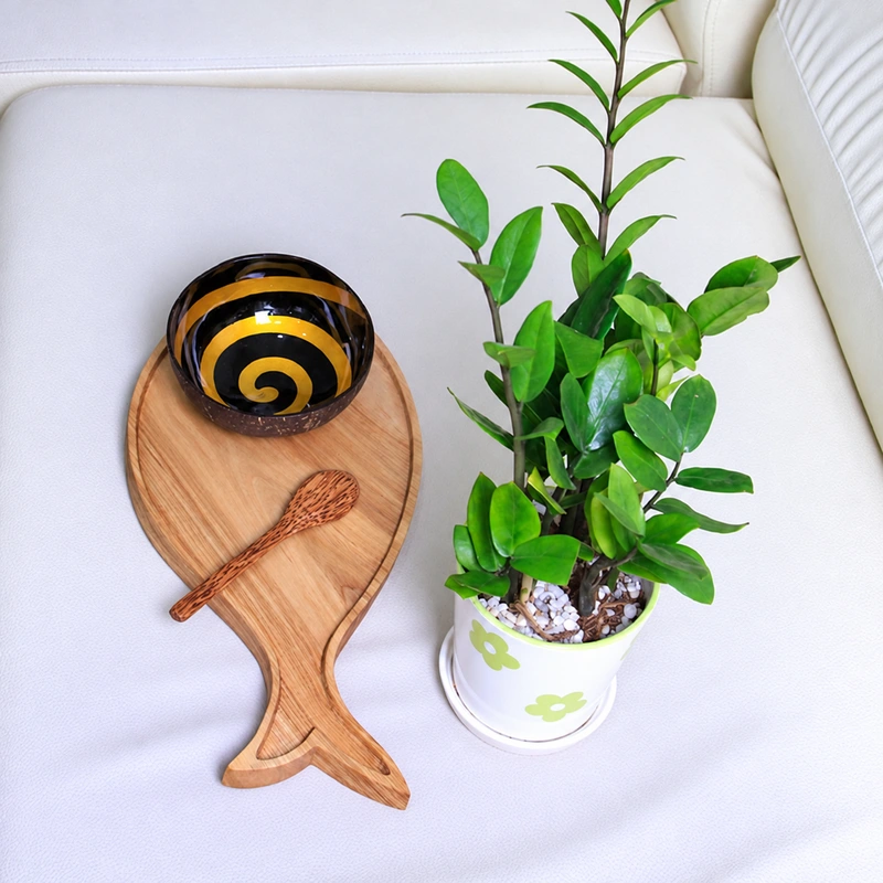 Gold Spiral Lacquer Coconut Bowl 5 An overhead styled view of the spiral pattern and natural shell rim.