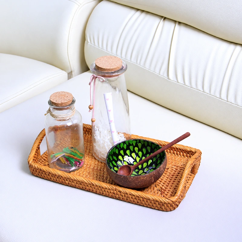 Green Petal Pearl Coconut Bowl 4 green petal pearl coconut bowl Green petal-inlay bowl on a woven tray; jars and spoon are presentation props.