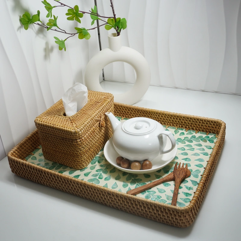 Large Rattan Tray with Mother-of-Pearl Inlay 56cm 5 Large rattan tray styled with a tissue box, teapot and wooden cutlery