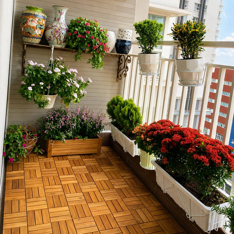 Interlocking Patio Tiles 12 Slats Natural Color 5 Interlocking patio tiles across a planted apartment balcony