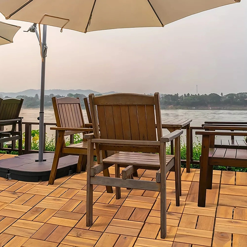 Premium 8-Slat Wooden Deck Tiles 5 Natural wood deck tiles installed beneath outdoor patio furniture
