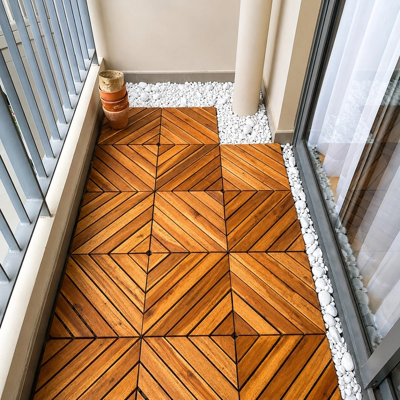 Wooden Interlocking Tiles 8 Slats Natural Color 5 Natural gold diagonal wooden deck tiles installed on a balcony beside white stones