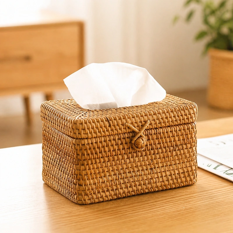 Handcrafted Rattan Tissue Box – Export Quality 5 Natural woven tissue box on a wooden tabletop