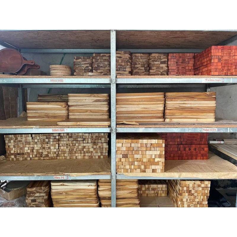 Walnut Color Rubberwood Bowl 6 Wooden tableware and cutting boards stored on workshop shelves