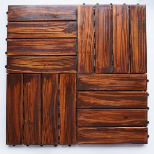 Patio outdoor tile modules connected in a four-tile pattern with alternating slat directions