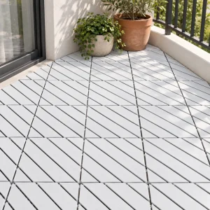 AI visualization of snow white diagonal deck tiles on a balcony with plants