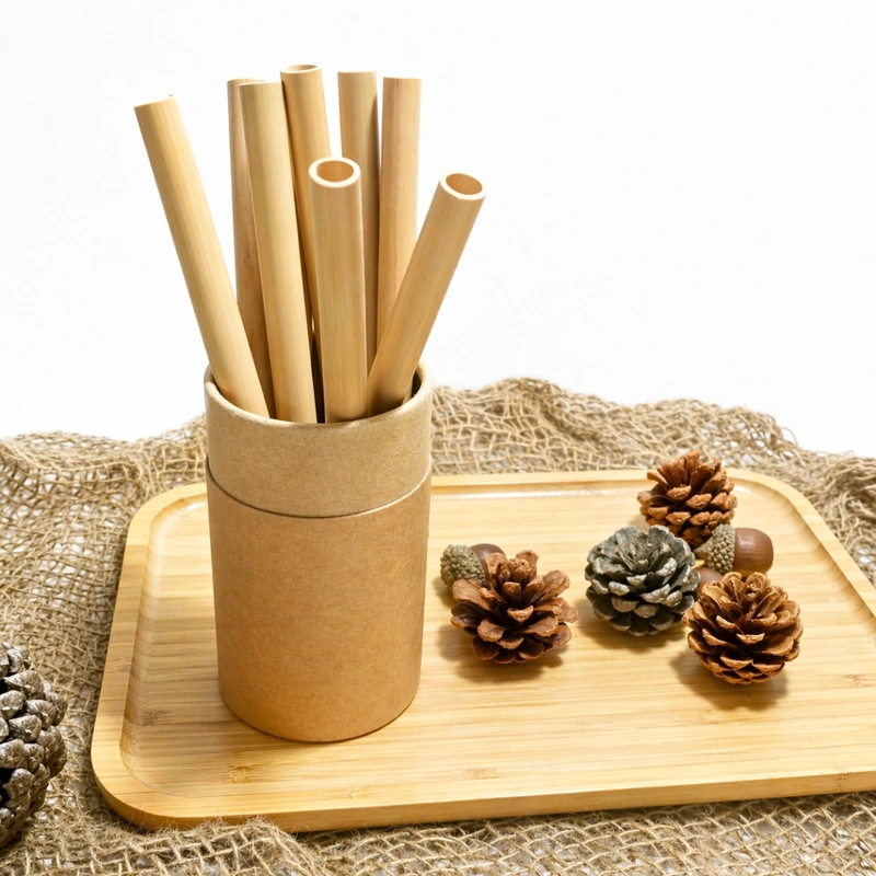 Natural Bamboo Drinking Straws 5 Bamboo straws displayed in a kraft holder on a tray beside pine cones