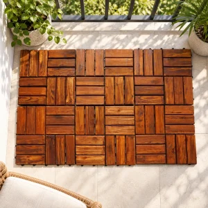 Interlocking deck tiles with hand-worked golden-brown grain in a balcony concept