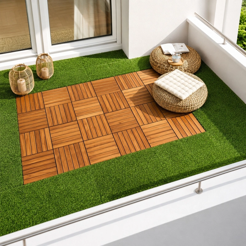 Artificial grass tile layout bordering wood decking on a balcony