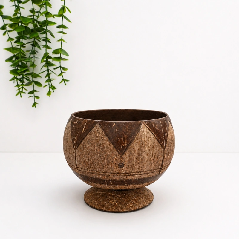Footed Coconut Shell Bowl with Hand-Carved Pattern 5 Hand-carved footed coconut bowl beside trailing greenery