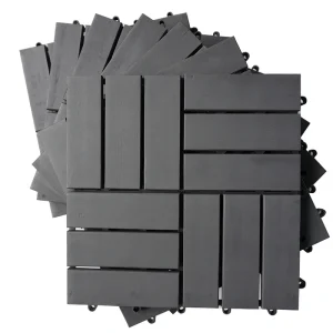 Outdoor wood decking tiles grouped to show the grey-blue 12-slat pattern
