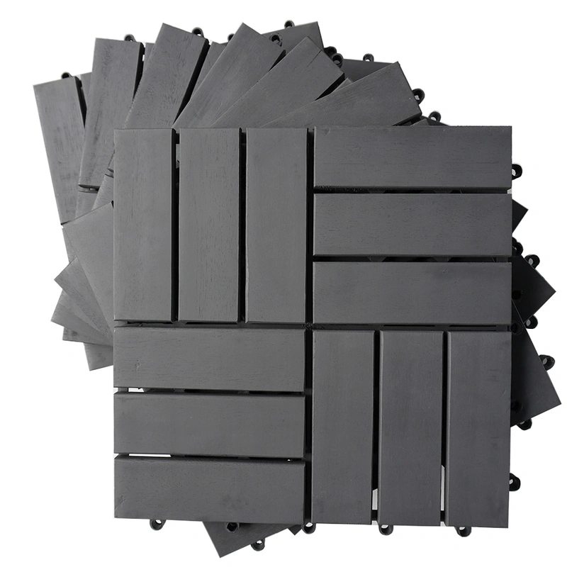 Outdoor Wood Decking Tiles - 12 Slats Grey 5 Outdoor wood decking tiles grouped to show the grey-blue 12-slat pattern