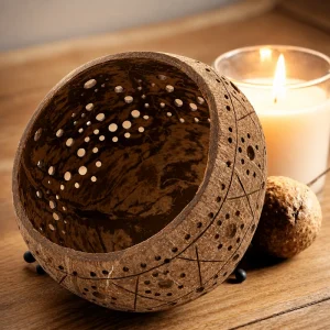 Daisy-pattern coconut holder in a tabletop setting beside a glass candle