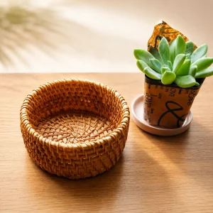Natural rattan snack bowl beside a succulent on a wooden table