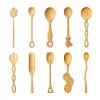 Wooden utensil collection with ten decorative spoon, fork, scoop and spatula designs