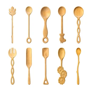 Wooden utensil collection with ten decorative spoon, fork, scoop and spatula designs