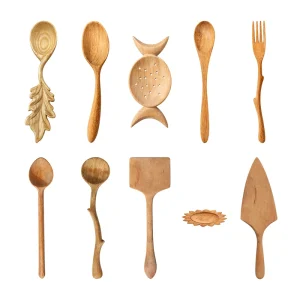 Wooden utensil collection 13 with 10 crafted tableware selections