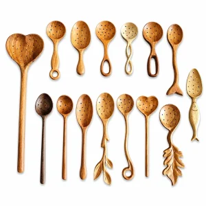 Assorted perforated wooden spoons with plain and decorative handles arranged on white