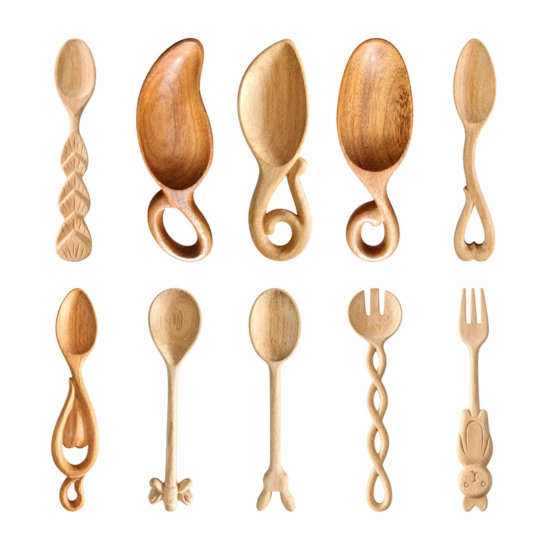 Wooden utensil collection 17 with 10 crafted tableware selections Wooden utensil collection 17 with 10 crafted tableware selections