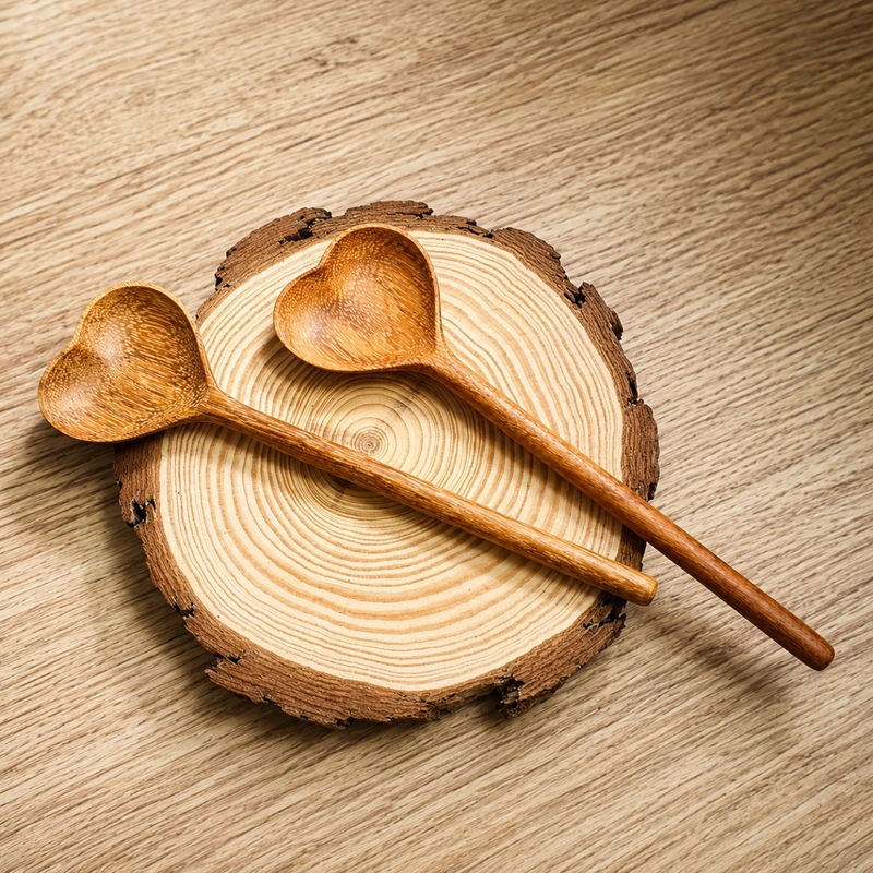 Two heart-shaped wooden spoons styled on a round wood slice Two heart-shaped wooden spoons styled on a round wood slice