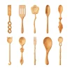 Wooden utensil collection 3 with ten decorative spoons, fork, scoop, strainer and spatula designs