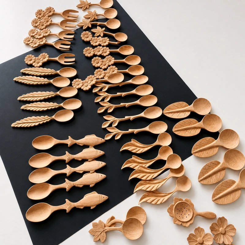 Assorted carved wooden spoons and forks displayed with floral, leaf and fish motifs
