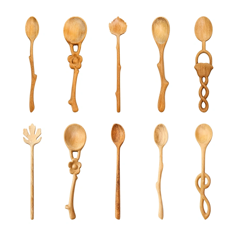 Wooden utensil collection 5 with ten branch, floral, leaf, basket and openwork designs Wooden utensil collection 5 with ten branch, floral, leaf, basket and openwork designs