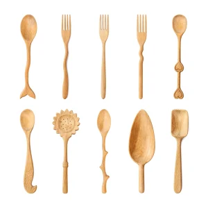 Wooden utensil collection 6 with ten spoon, fork, sunflower strainer and scoop designs