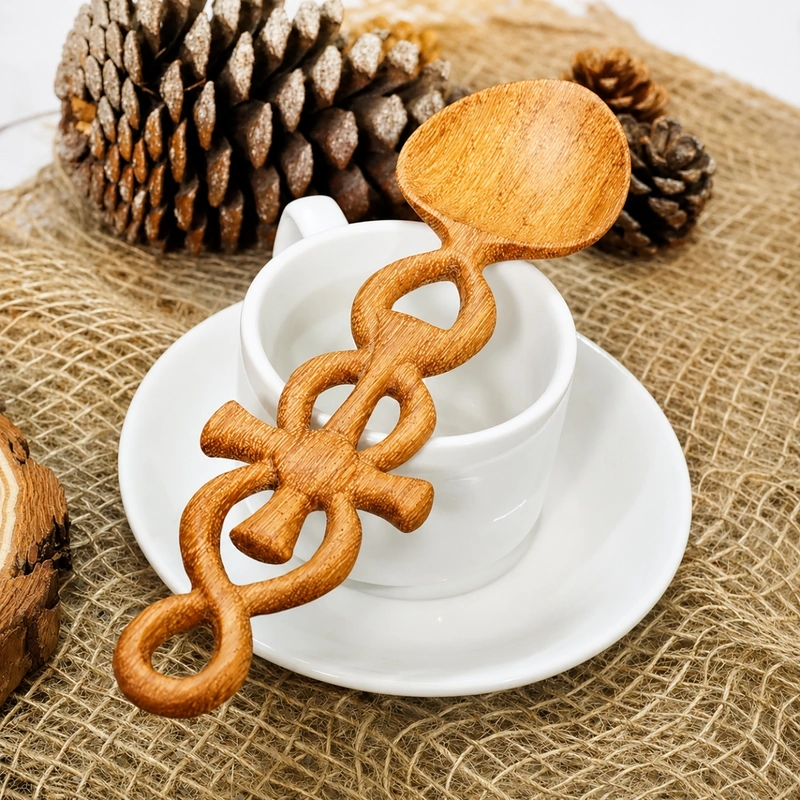 Example carved wooden spoon styled across a white cup and saucer