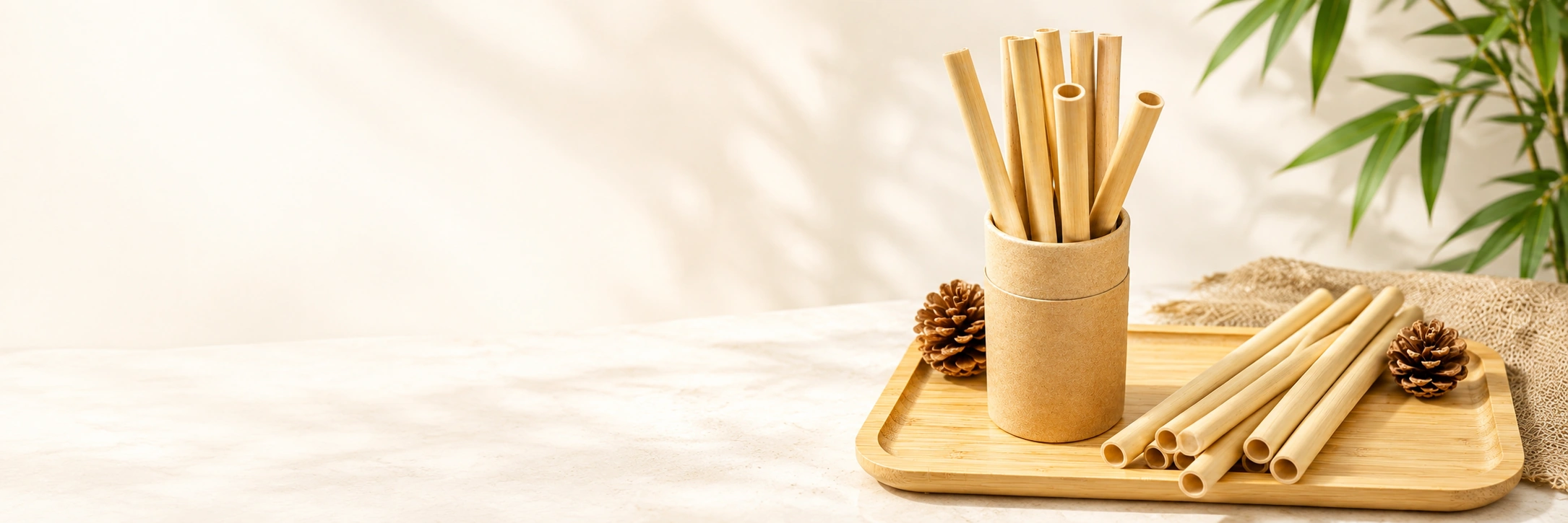 Natural bamboo drinking straws in a kraft holder and on a bamboo tray