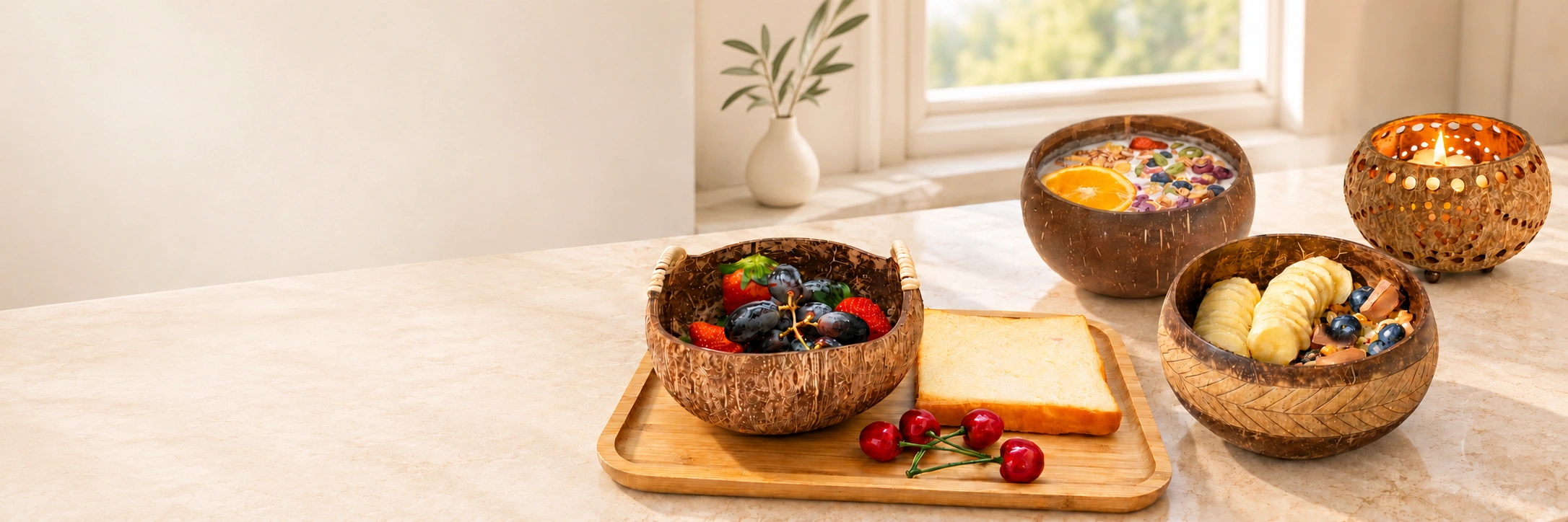 Coconut bowls and a candle holder arranged on a sunlit kitchen counter