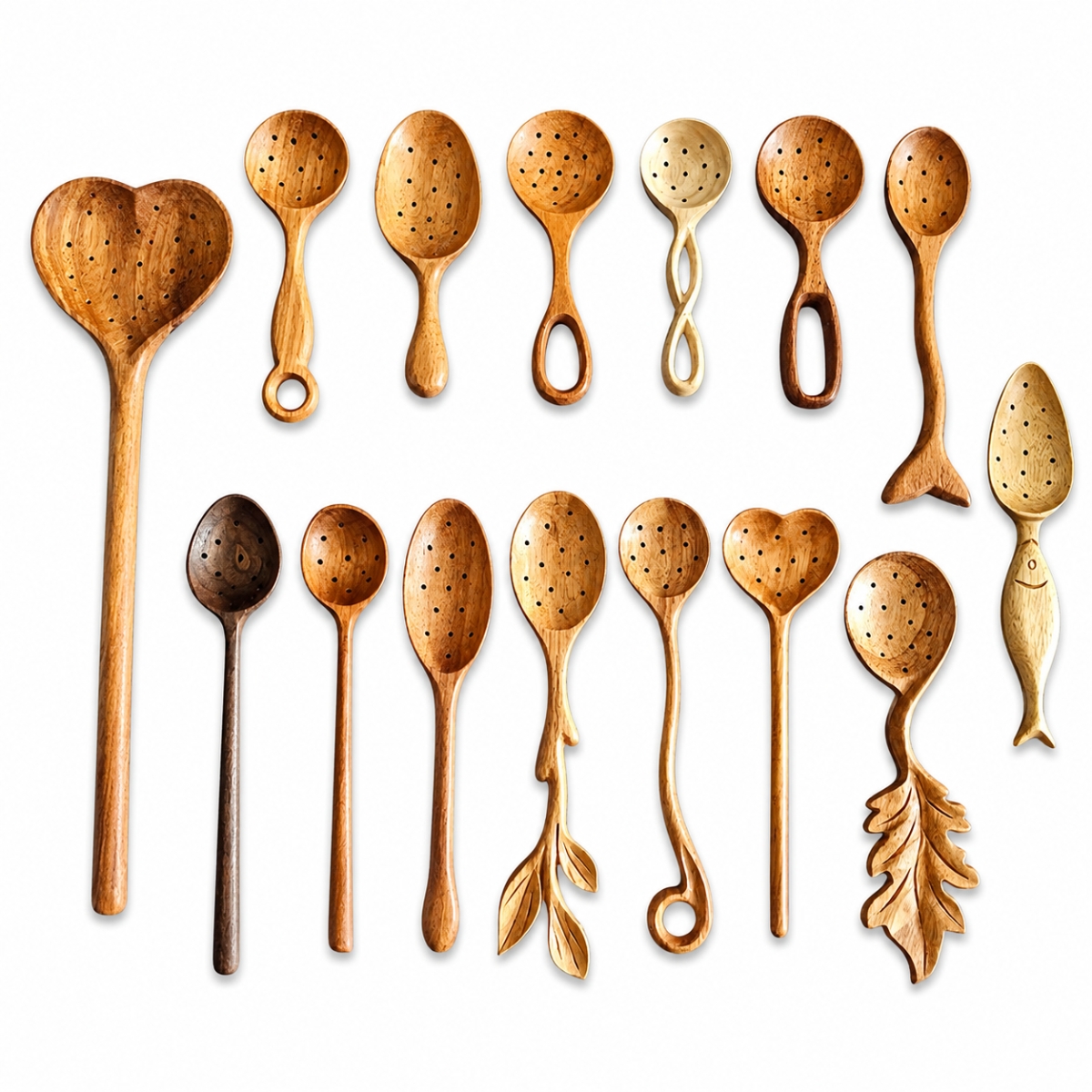 Collection of carved wooden spoons with decorative handles