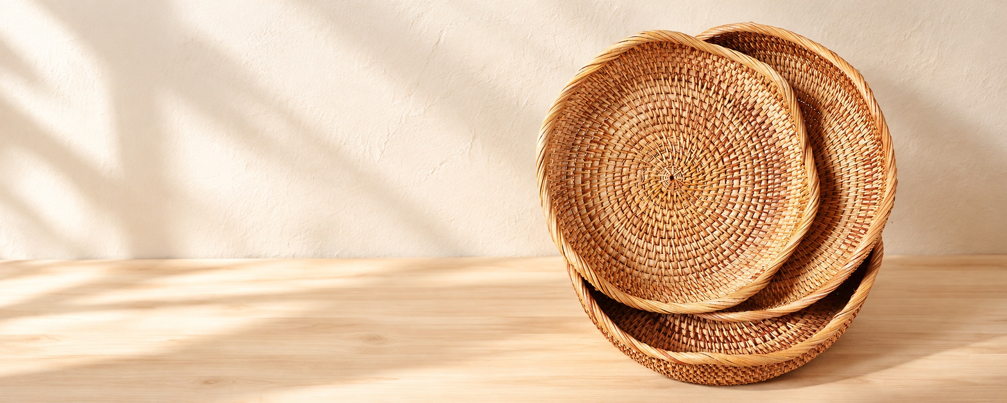 Three scalloped rattan trays in a warm natural interior