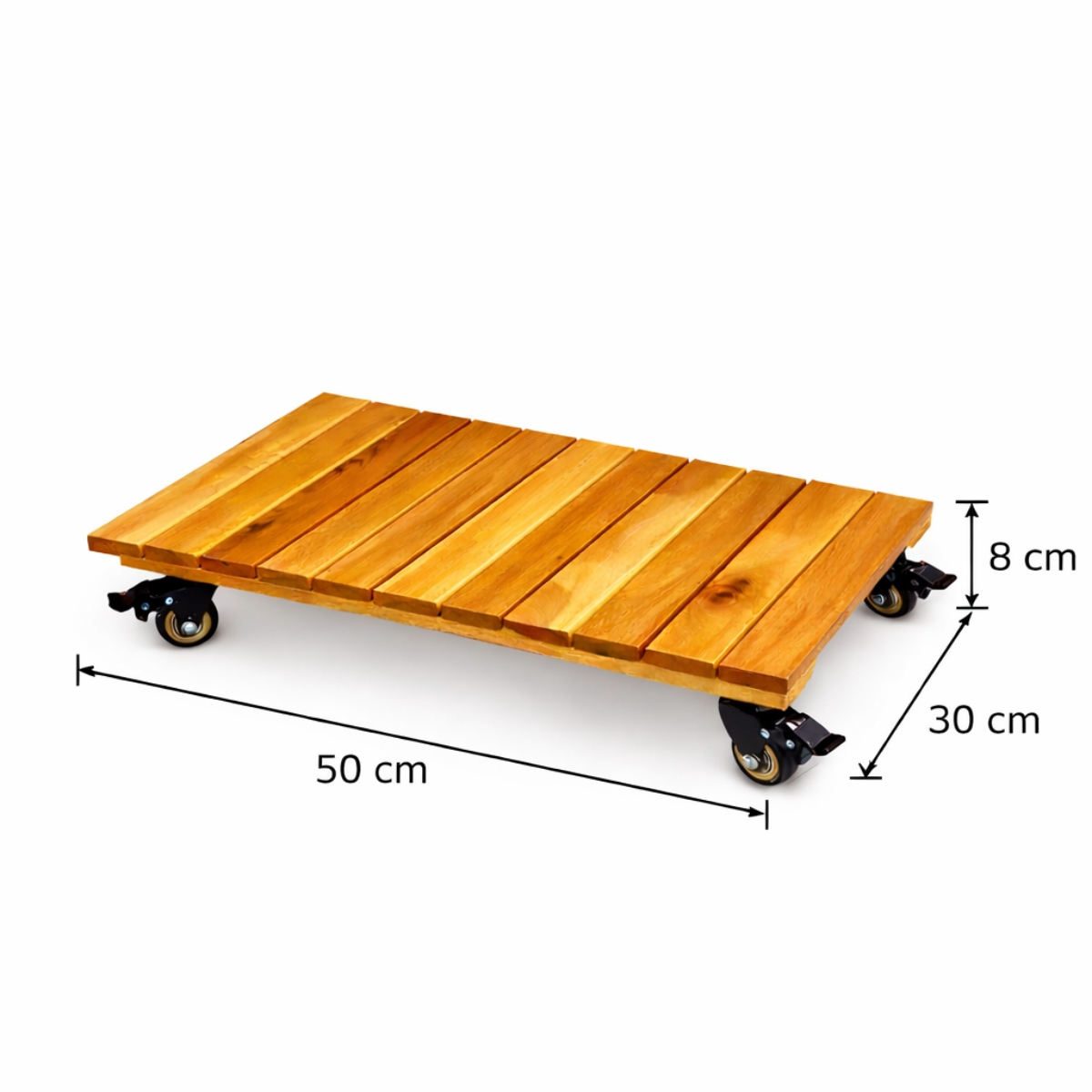 Rectangular wooden plant caddy with four castor wheels and 50 x 30 x 8 cm dimensions