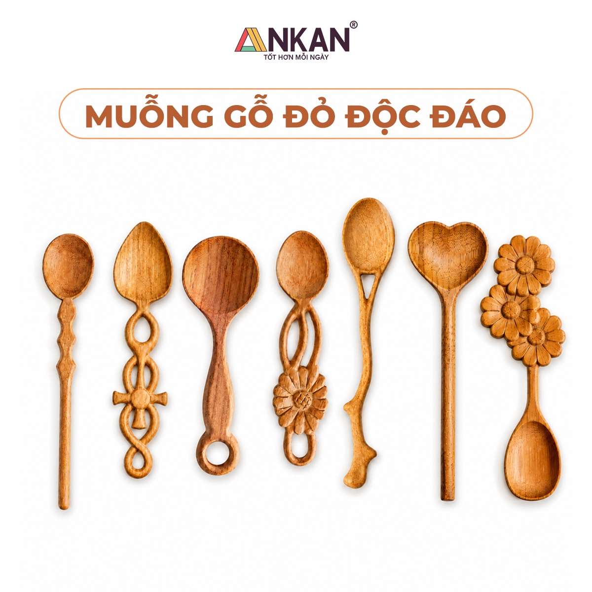 ANKAN collection of seven decorative wooden spoons with carved handles