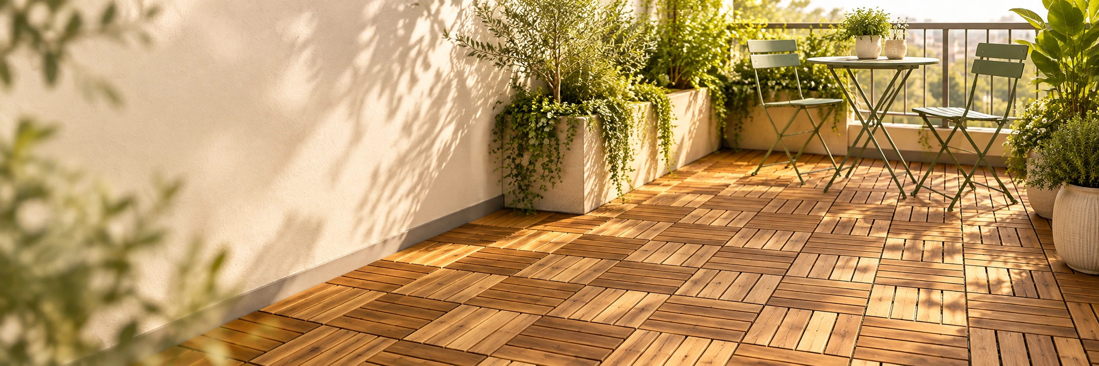 Natural acacia wooden deck tiles in a sunlit terrace setting