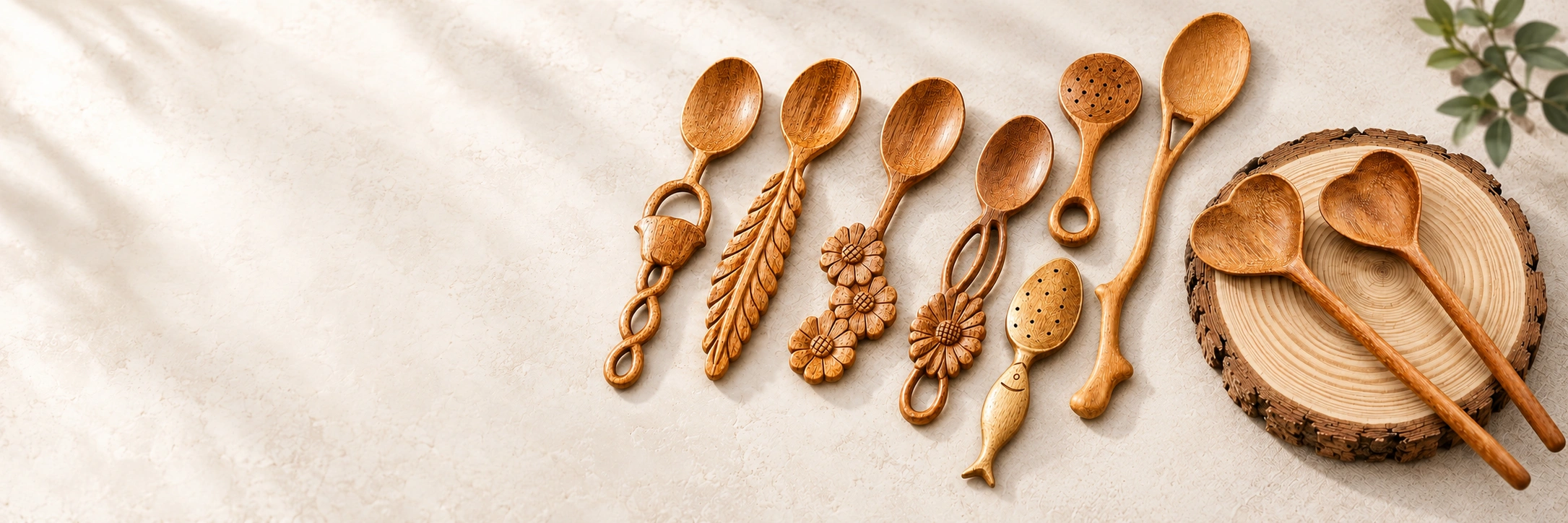 Decorative wooden spoons with carved floral, leaf and heart designs on a light tabletop