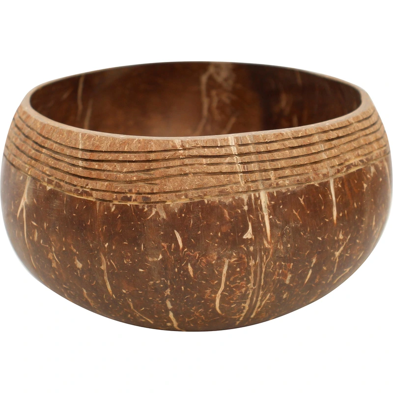 Carved coconut bowl reference with a band of horizontal grooves Carved coconut bowl reference with a band of horizontal grooves