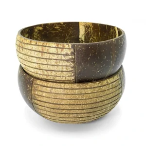 Stripe Carved Natural Coconut Bowl 3 Stacked striped coconut bowls from the same product family