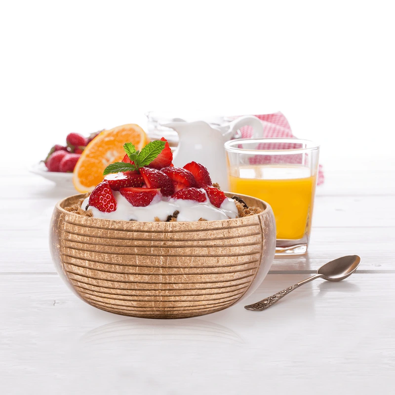 Stripe Carved Natural Coconut Bowl 4 Stripe carved natural coconut bowl collection styling with fruit