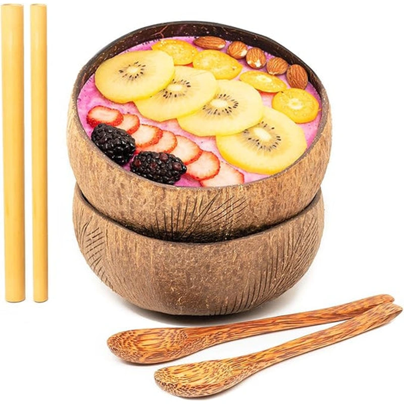 leaf carved natural coconut bowl styled as a serving set