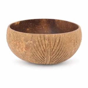 Leaf carved natural coconut bowl on a white background
