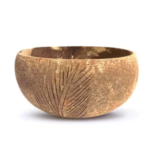 Similar leaf carved coconut bowl showing exterior detail